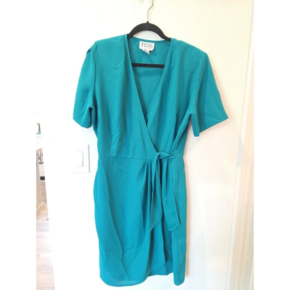 VTG 90's Wrap Dress Shoulder Pads Sz 12 Side Tie "Tess Dress" Green Knee Length - Picture 2 of 6